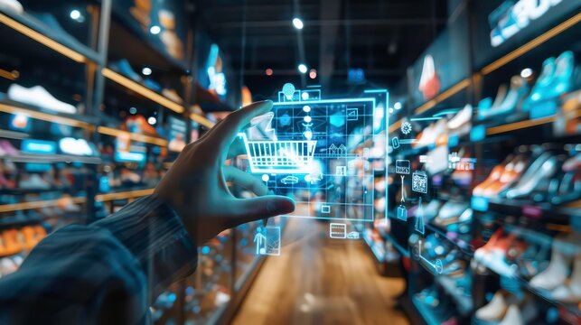 A hand reaches out towards a transparent screen with a shopping cart icon and other retail icons in a store.