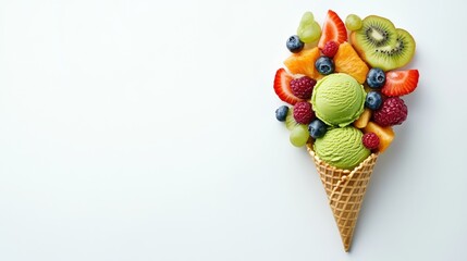 Two scoops of green ice cream in a waffle cone surrounded by fresh fruit on a white background.