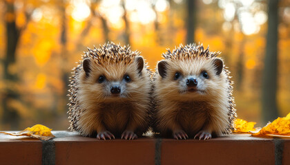 Two hedgehogs are sitting on a brick wall. The hedgehogs are looking at the camera