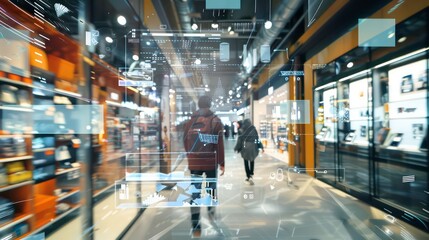 Futuristic interface overlayed on a modern shopping mall.