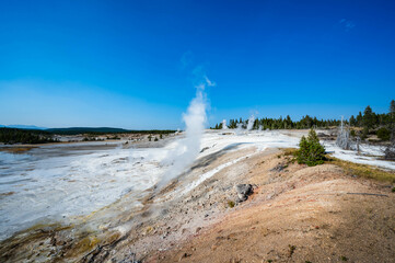 Yellowstone National Park Norris Geyser Basin and Fountain Paint Pots while hiking trails