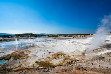 Yellowstone National Park Norris Geyser Basin and Fountain Paint Pots while hiking trails