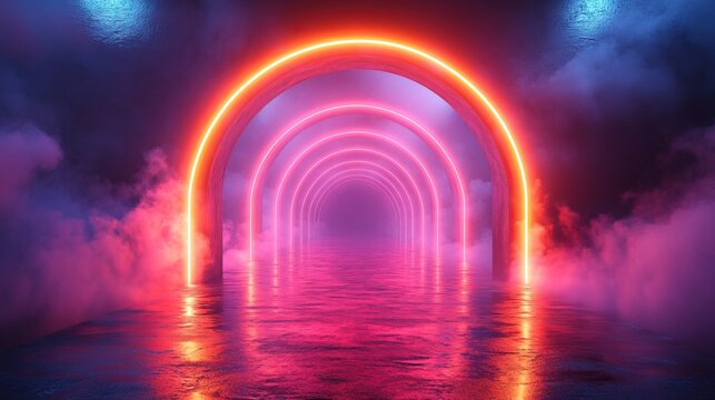 abstract black backgroun with blurry neon lines roun arch an reflection