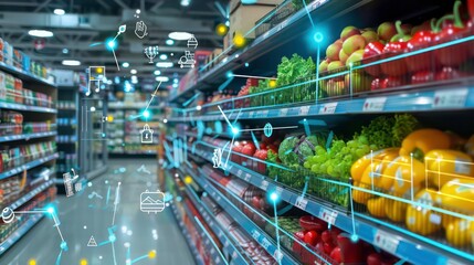 Supermarkets use digital technology with shelves stocked with fresh produce.