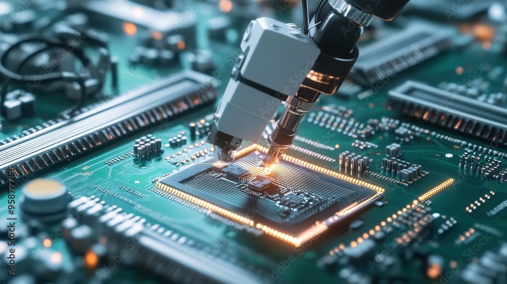 Poster an automated arm focuses on assembling a sophisticated circuit board in a well-equipped electronics 