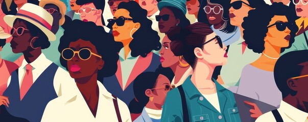 Illustration of a diverse group of stylish people wearing sunglasses, looking in different directions, showcasing modern fashion and individuality.