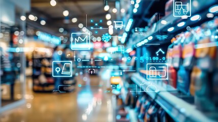 Blurred shop interior with glowing digital icons representing online shopping and e-commerce.