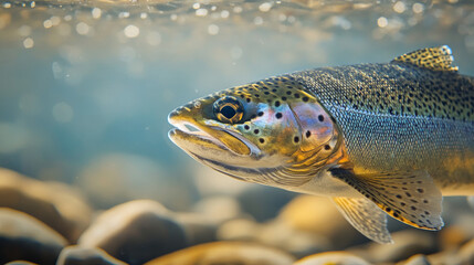 Obraz premium Stunning Underwater Close-Up of Rainbow Trout in Its Natural Freshwater Habitat
