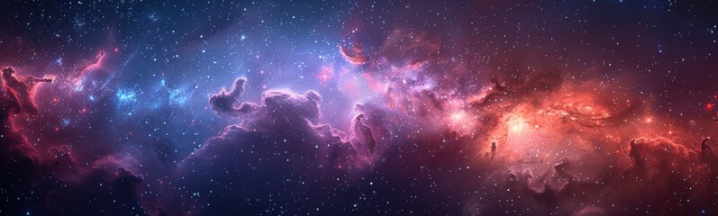 Fototapeta premium Starry sky with a cluster of stars and a bright red nebula, banner, copy space
