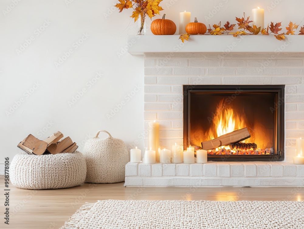 Sticker Cozy Fireplace with Autumn Decor.