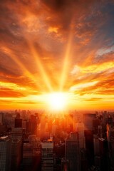 Fototapeta premium Bright sunrise over a cityscape, representing the dawn of a new era