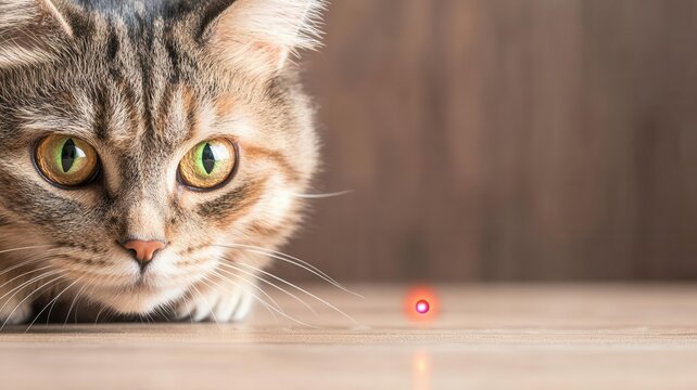 Close-up of a cat s face with a laser pointer dot on the floor, Cat training equipment, Interactive pet play