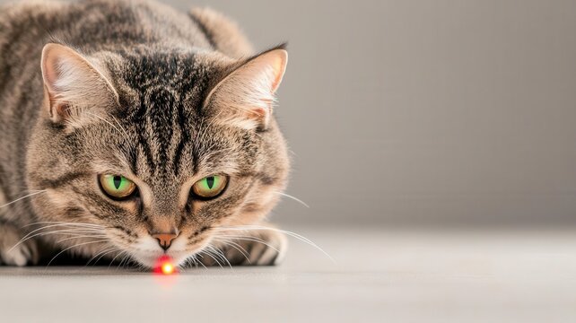 Close-up of a cat s face with a laser pointer dot on the floor, Cat training equipment, Interactive pet play
