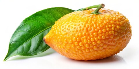 Vibrant orange-yellow bulle fruit with textured, slightly rugged skin and green leaves, isolated on a bright white