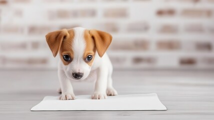 Puppy using a pee pad in a stylish urban apartment, Pet training equipment, Urban pet living