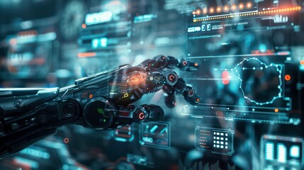 A robotic arm with glowing lights interacts with a digital screen filled with data and graphs.