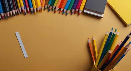 Fototapeta premium Back to school banner composition with notepad and color drawing pencils, yellow desktop table background, top view photo with copy space