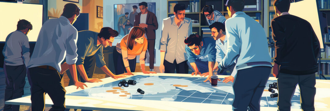 The Collaborative Dream: A group of filmmakers huddled together, discussing ideas over a large map of a film set.