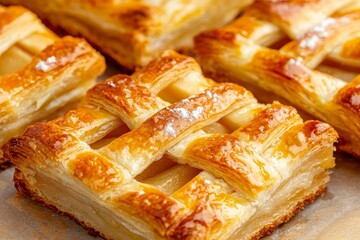 Close-up of freshly baked apple lattice pastries, flaky crust with a sweet apple filling, rustic bakery style presentation