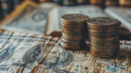 Stack of Coins on Crumpled US Dollar Bills..