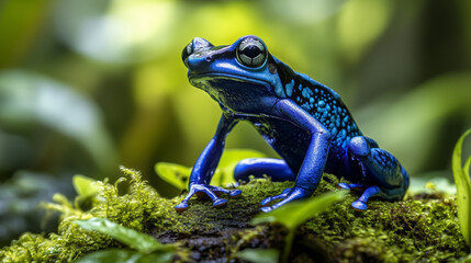 Obraz premium Vibrant Blue Frog in Lush Rainforest Habitat