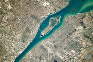 Aerial photo of the Detroit river and Belle Island, Michigan