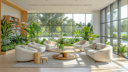 Modern Living Room with Large Windows and Indoor Plants..