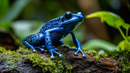 Obraz premium Vibrant Blue Poison Dart Frog Perched on Mossy Log in Tropical Rainforest