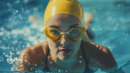 A woman in a yellow swim cap and goggles is swimming in a pool