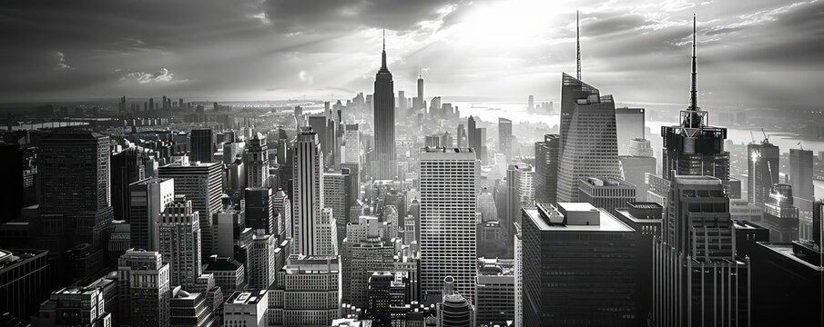 Stunning black and white panoramic view of a bustling city skyline, showcasing modern architecture and iconic skyscrapers at dawn.