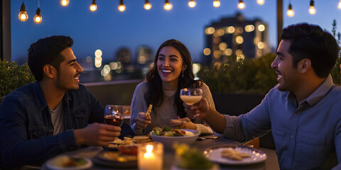 Three Hispanic Friends, two men and a woman, sitting on a rooftop patio, enjoying a shared meal and lively conversation.