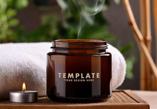 Dark Glass Candle Jar Mockup in a Wood Base and Bamboo Background with Generative AI