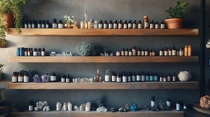 A tranquil scene of a wellness clinic with homeopathic remedies, energy healing crystals, and organic treatments neatly arranged on wooden shelves, creating a calming atmosphere for holistic 