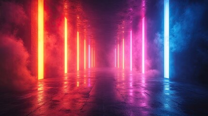 abstract minimalist backgroun neon vertical lines an glowing colorful clou stormy cumulus futuristic wallpaper