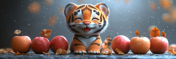 Smiling baby tiger with apples, whimsical look, vibrant reds and oranges, gentle background, cheerful and lively mood