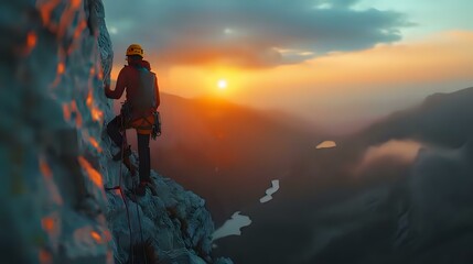 Obraz premium climber ascends a steep mountain face at sunset, overlooking a vast and misty landscape with rivers and valleys below. The scene conveys determination, challenge, and connection with nature.