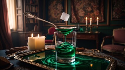 Absinthe Glass with Sugar Cube in a Bohemian Parisian Artist's Studio