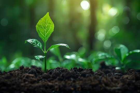 Fototapeta A young plant sprout growing from rich soil with the warm glow of sunlight in the background. Ideal for agricultural concepts, sustainability, and growth themes.