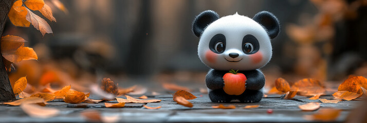 Charming Panda Holding Red Apple in Autumnal Forest, Warm Colors and Falling Leaves Creating a Cozy and Heartwarming Mood