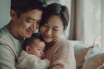 Fototapeta premium Cozy Family Portrait with Baby in Soft Lighting