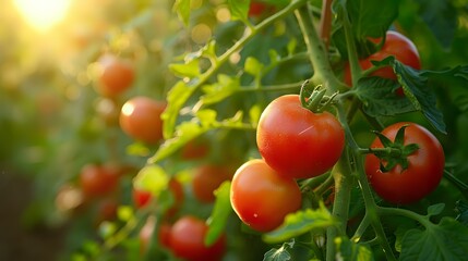 A close-up of ripe red tomatoes hanging on the vine in a sunlit garden, symbolizing freshness and organic farming. Ideal for themes of gardening, agriculture, and healthy eating.