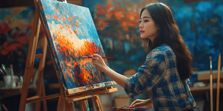 Asian female artist at easel, paintbrush in hand, creating vibrant artwork