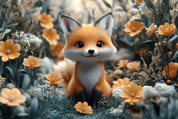 Obraz premium Adorable Fox in a Blooming Garden with Yellow Flowers, Surrounded by Nature, Creating a Serene and Wholesome Atmosphere