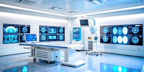 Fototapeta premium AI Driven Healthcare Facility - Modern High-Tech Transformation in Healthcare Technology with Digital Patient Interfaces, Glowing Diagnostic Tools, and Cost-Efficient Solutions - Concept for Stock Pho