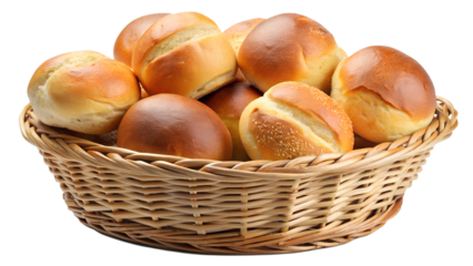 Freshly baked bread rolls in a woven basket transparent