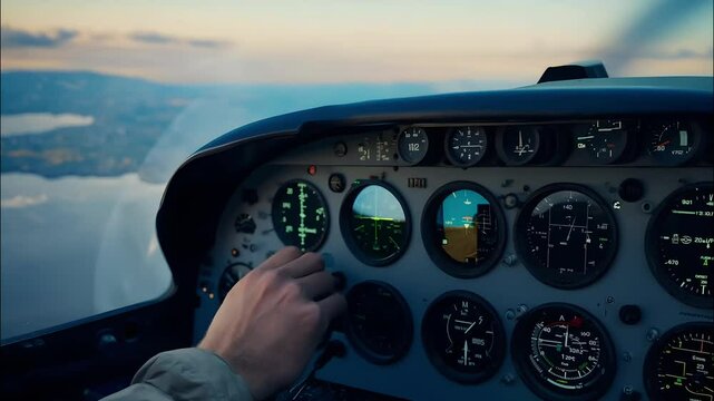 A pilot's hand operates the cockpit controls of a small airplane during a beautiful sunset, showcasing various instruments and gauges for navigation