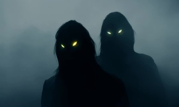 Two scary shadows emerge from fog and look with glowing eyes. 4K Video
