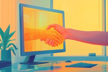 Hand in Hand with Technology,  human-technology collaboration, AI-human cooperation, futuristic handshake, digital partnership, virtual connection, human-robot handshake, online collaboration