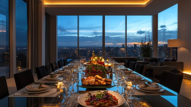 Thanksgiving dinner in a sleek, modern penthouse with panoramic city views a multicultural family enjoys a meal at a long glass table featuring a mix of traditional dishes and gourmet creations under