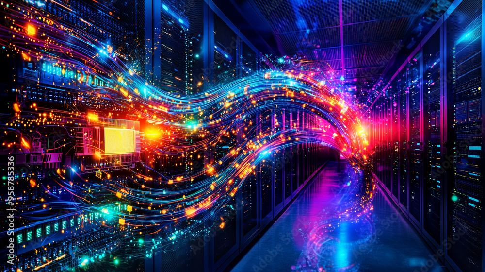 Poster Telecommunication Ethernet Cables Connected to Internet. server room with vibrant neon data streams, symbolizing high-tech connectivity and speed.
